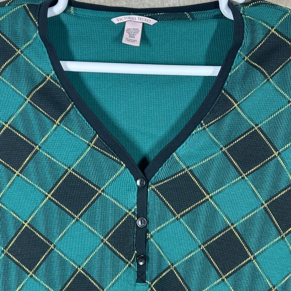Victoria's Secret Womens Dark Academia Argyle Thermal Top Green Black XS